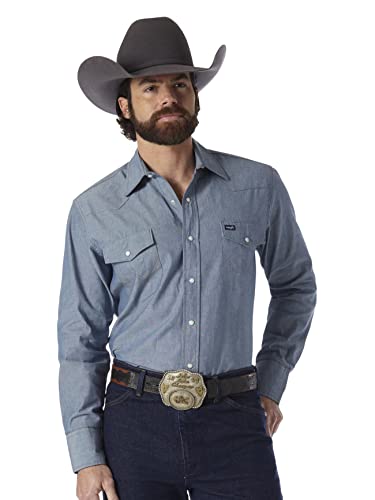 Wrangler Męska koszula z długim rękawem, Cowboy Cut Work khaki, Średni niebieski Chambray, 39 cm Hals