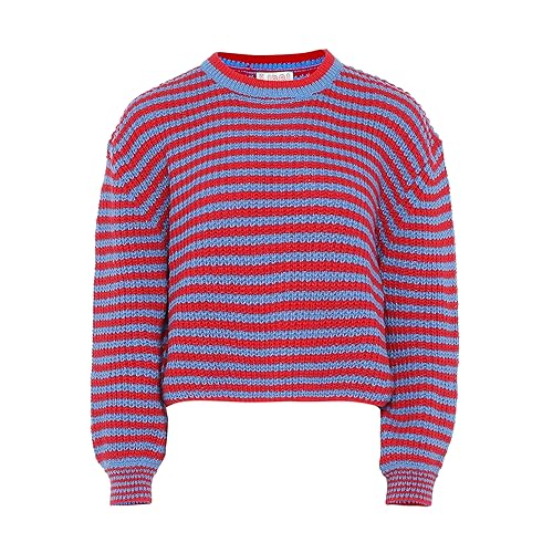 Libbi Damski sweter w paski, stylowy sweter z dzianiny z luźnymi rękawami, akryl czerwony niebieski paski rozmiar M/L, Czerwono-niebieskie paski, M
