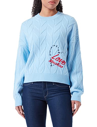 Love Moschino Damski sweter oversize Fit z długim rękawem okrągły dekolt z sercem i logo, emblemat, jasnoniebieski, 42