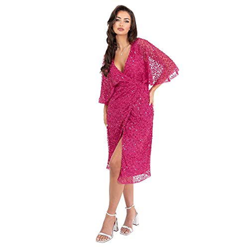 Maya Deluxe Damska sukienka Midi Ladies Sequin Embellished Cape Sleeve Wrap Dress for Wedding Guest Bridesmaid Cocktail Prom Evening sukienka, Fuchsia, 54