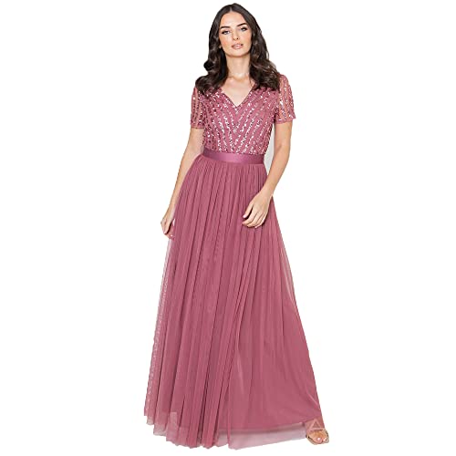 Maya Deluxe Maxi Dress For Women Ladies Bridesmaid V-Neck Plus Size Ball Gown Short Sleeves Long Elegant Empire Waist Sukienka dla druhny dla kobiet, Desert Rose, 12