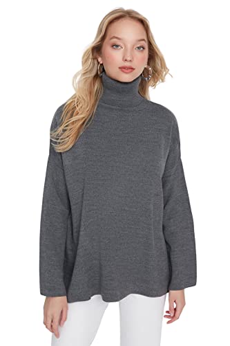 Trendyol Damska bluza z golfem, jednokolorowa, oversize, Szary, L