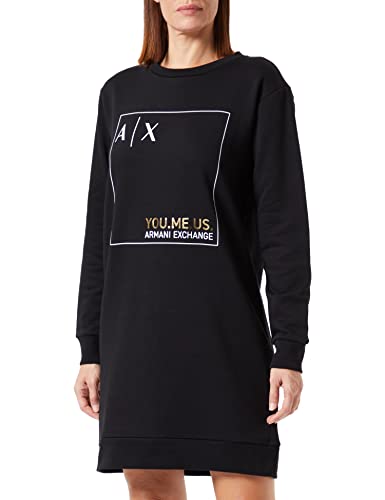 Armani Exchange Damskie logo z przodu, okrągły dekolt, sukienka z długim rękawem, czarna, rozmiar L