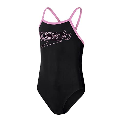 Speedo Girl's Boom Logo Thinstrap Muscleback czarny/różowy strój kąpielowy/kostium kąpielowy, Czarny/różowy Taffy, 6 lat