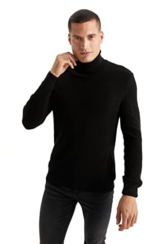 DeFacto Męski sweter z dzianiny z długim rękawem, okrągły dekolt, slim fit dla mężczyzn, topy (czarny, L), czarny, L