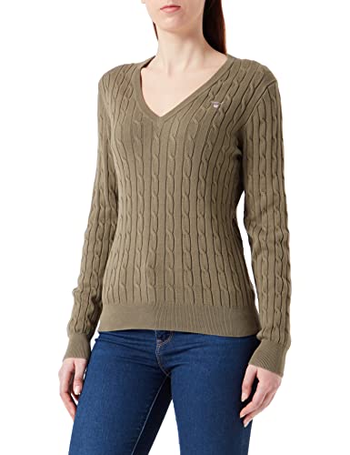 GANT Damski sweter ze stretchem Cotton Cable z dekoltem w serek, zielony (hunter green), XXL