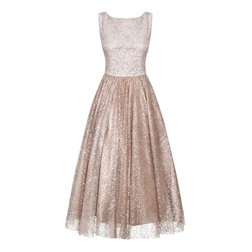 Swing Fashion Damska sukienka brokatowa | sukienka wieczorowa, koktajlowa, balowa, na wesele, odświętna, bez rękawów, kolor nago, nude, L