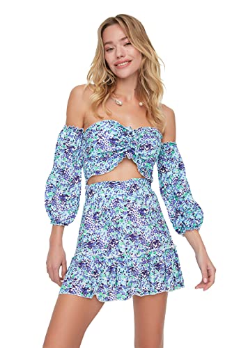 Trendyol Women's kwiatowy wzór, wiskoza-bottom-Top-Team Skirt Set, wielokolorowy, 36