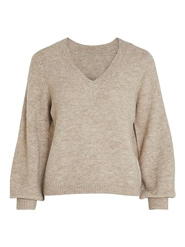 Vila VIJAMINA REV V-Neck L/S Knit TOP-NOOS sweter z dzianiny, naturalny melanż, S, Naturalny melanż, S
