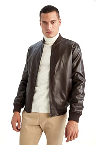 DeFacto Skórzana kurtka do odzieży rekreacyjnej - DeFacto Skórzany płaszcz dla mężczyzn do odzieży wierzchniej (brązowa, M), brązowy