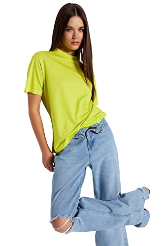 Trendyol Damska koszulka z dzianiny z wysokim dekoltem o regularnym kroju, Jasny Khaki, L