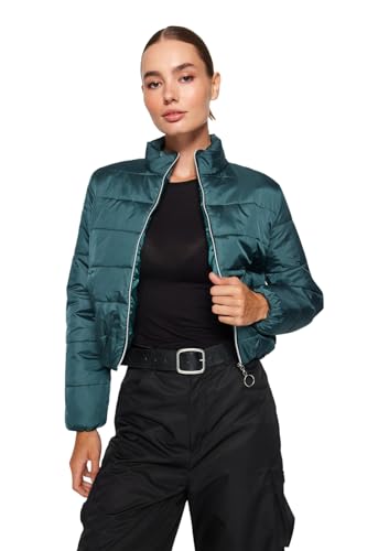 Trendyol Damska kurtka zimowa z długim rękawem ze stójką zapinana na zamek błyskawiczny, puchowa, ZIELONY, S