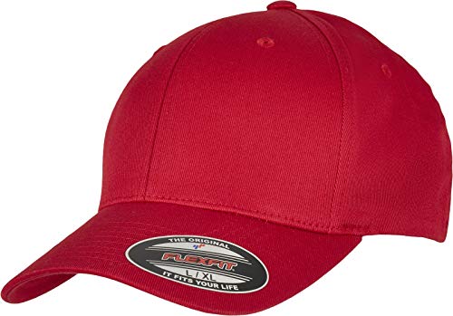Yupoong Flexfit czapka baseballowa, uniseks, z organicznej bawełny z taśmą elastyczną wewnątrz, sportowa czapka, rozmiar S/M lub L/XL (obwód głowy 54-61 cm), czerwony, L