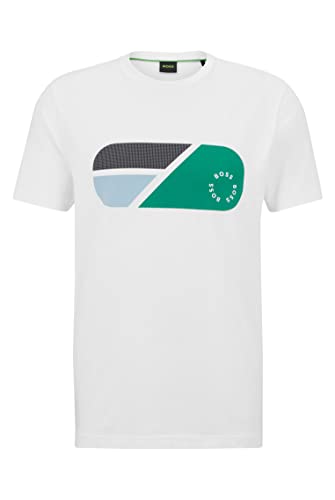 BOSS Męski t-shirt 9 z rozciągliwej bawełny z grafiką i okrągłym logo, White100, M