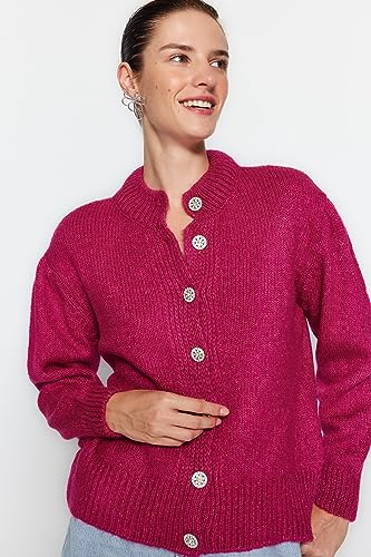 Trendyol FeMan Regular Fit Basic Crew Neck Dzianina kardigan, fuksja, S, fuksja, S