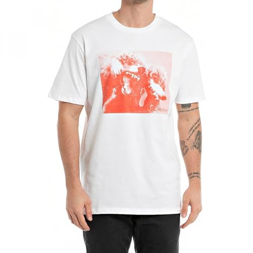 Replay Męski T-shirt z krótkim rękawem, okrągły dekolt, nadruk z psem, biały (Chalk 801), XL, Chalk 801, XL