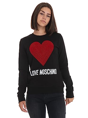 Love Moschino Damska bluza z okrągłym dekoltem o kroju slim fit z długim rękawem maxi serce z haftowanymi cekinami i logo Water Print, czarny, 44