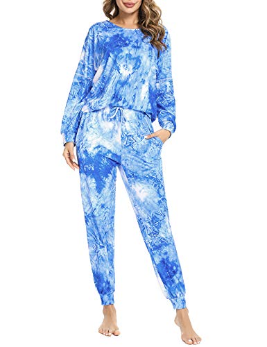 Doaraha piżama damska zima bawełna długi krawat 2 szt. Koszule Nocne Dekolt Znakomity Sexy i Comfort S-XXL, Niebieski Tie-dye, XXL