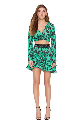 Trendyol Damska mini spódnica z falbanami, Zielony-wielokolorowy, 62