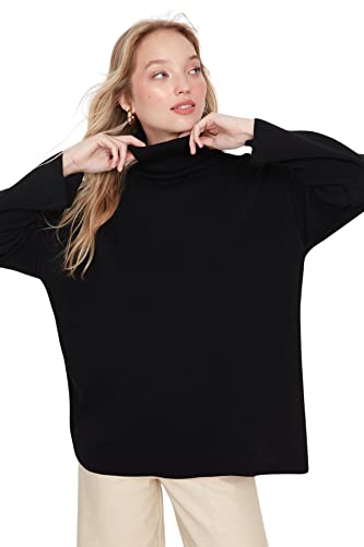 Trendyol Damska bluza z golfem, jednokolorowa, oversize, czarna, M, Czarny