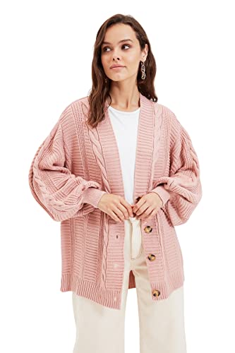 Trendyol Damski krój Regular Fit, dekolt w serek, skromny kardigan, Proszek, S