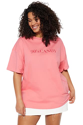 Trendyol Damska koszulka oversize basic z okrągłym dekoltem z dzianiny plus size, różowy, 3XL