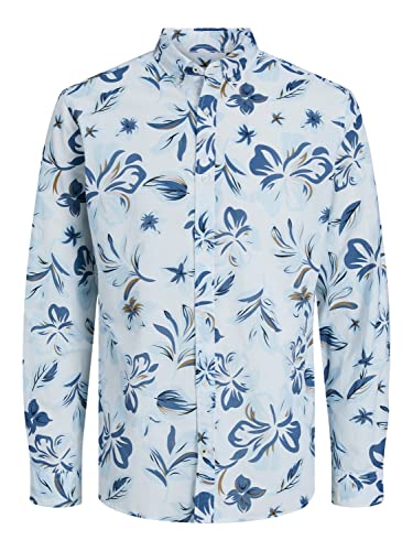 JACK & JONES Męska koszula z nadrukiem JPRBLASUMMER Linen L/S SS23, biała/AOP: slim fit, L, Biały/Aop: slim fit, L