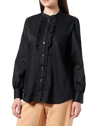 Seidensticker Damska bluzka - modna bluzka - Regular Fit - stójka - falbanki - długi rękaw - 100% bawełna, czarny, 36