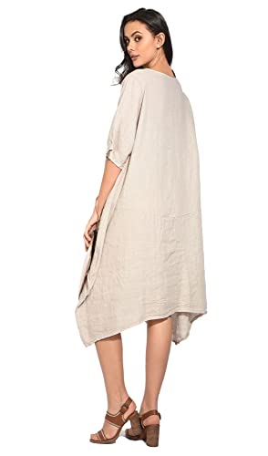 Sukienka damska 100% lniana Made in Italy, długa sukienka z okrągłym dekoltem, z przodu z krótkim rękawem, granatowa, rozmiar: XL, granatowy, XL