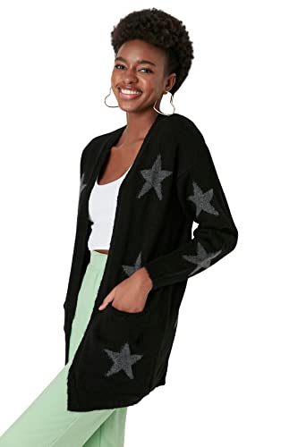 Trendyol Damski standardowy standardowy kardigan z dzianiny z dekoltem w serek, Czarny, L