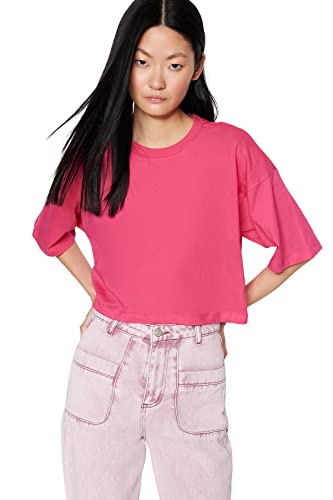 Trendyol Damska koszulka z dzianiny z okrągłym dekoltem o luźnym kroju, fuksja, XL