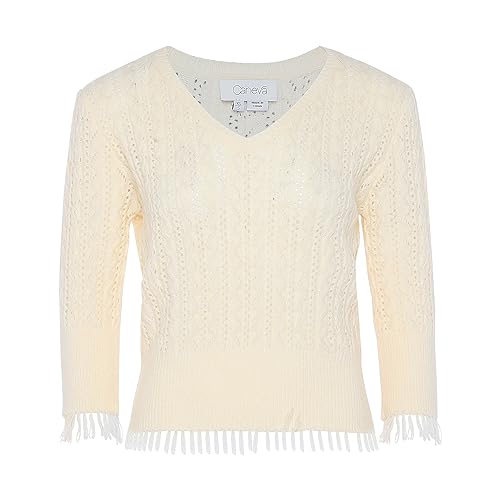 Caneva Damska bluza Slouchy Openwork Fringed Knit V-Neck, wełniana, biała, rozmiar XL/XXL, biały (wollweiss), XL
