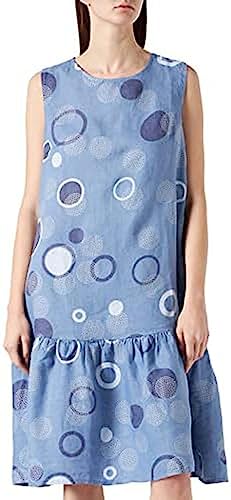 Bonateks, Średniej długości okrągły kołnierz sukienka z nadrukiem i marszczonym dnem, 100% len, rozmiar DE: 40 rozmiar US: L, niebieskie dżinsy - wyprodukowano we Włoszech, niebieski, 40