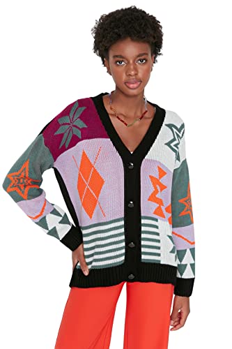 Trendyol Damski standardowy standardowy kardigan z dzianiny z dekoltem w serek, Czarny, M