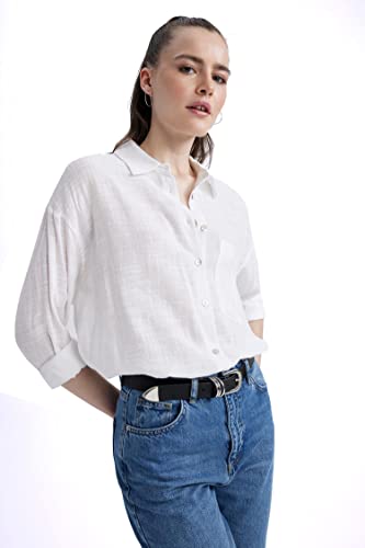 DeFacto Koszula damska z tkaniny bawełnianej z długimi rękawami, biały, S