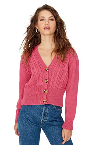 Trendyol Damski sweter z dekoltem w serek, zwykły, różowy, L, różowy, L