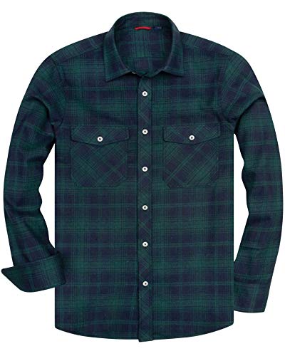 siliteelon Koszula flanelowa męska bawełniana koszula w kratkę Męska koszula z długim rękawem Regular Fit Casual Plaid Shirt, Głęboka zieleń, S