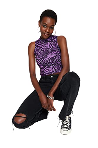 Trendyol Damska bluzka z dzianiny o kroju slim fit basic ze stójką, Fioletowy, L