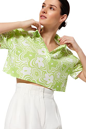 Trendyol Damska bluzka oversize basic z kołnierzykiem, Limonkowa zieleń, 60