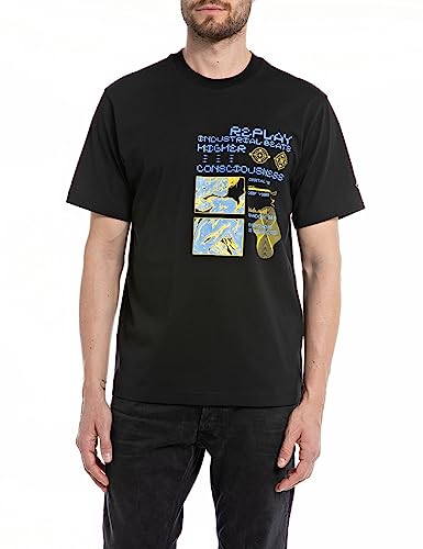 Replay Męski T-shirt z krótkim rękawem, okrągły dekolt, z nadrukiem z tyłu, Black 098, M