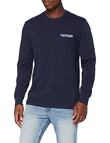 True Religion Męska koszulka z długim rękawem z logo z okrągłym dekoltem