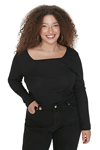 Trendyol Damska koszula z wąskim dopasowanym kwadratowym kołnierzem z dzianiny plus size body, Czarny, XXL