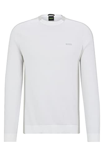 BOSS Rinos sweter męski z mieszanki bawełny z logo w paski, biały, S