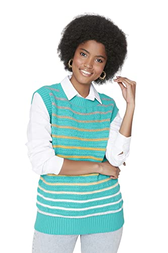 TRENDYOL Damska kamizelka z okrągłym dekoltem w paski, regularna, dziergana sweter, zielona, M, zielony, M