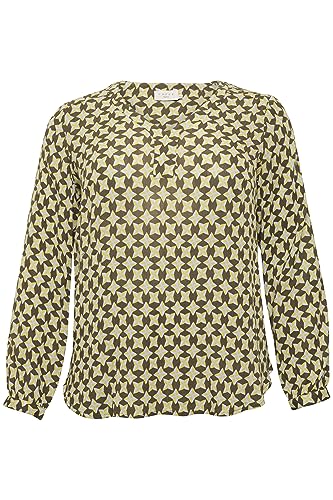 Kaffe Curve Plus Size Damska bluzka z długim rękawem V-Neck Regular Fit Printed, Zielona grafika nadruk