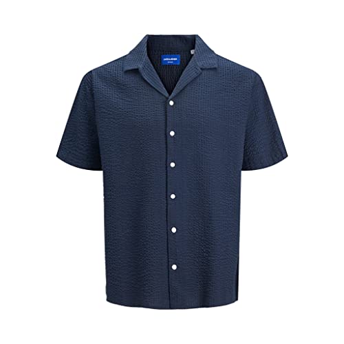 JACK & JONES Jorcaleb Seersucker, męska koszula z krótkim rękawem, granatowy blezer, M