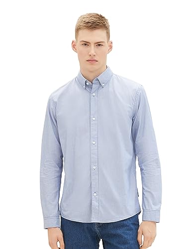 TOM TAILOR Denim Męska koszula satynowa z nadrukiem na plecach, 32350-Shiny Royal Blue Thin Stripe, XXL