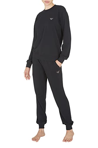 Emporio Armani Damska bluza ze stretchem Terry Loungewear + spodnie z mankietami, czarny, M