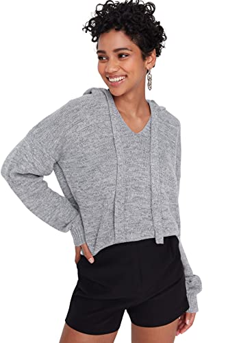 Trendyol Damska bluza z kapturem, zwykła, regularny sweter, Szary, S