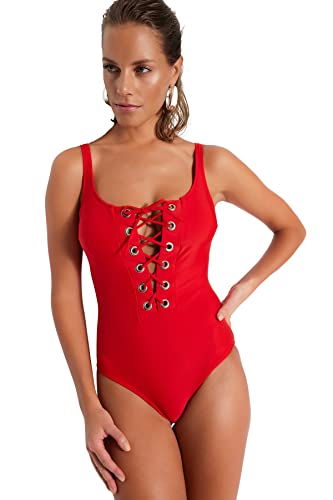 Trendyol Damski strój kąpielowy z nadrukiem zwierzęcym, perła/zszywany/kamień/oczka, szczegółowy dzianinowy strój kąpielowy, czerwony, 34, Czerwony, 38
